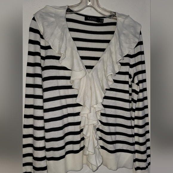 Lauren Ralph Lauren Ivory Polo Black Striped Ruffle Trim Cardigan Size Large - Picture 3 of 16